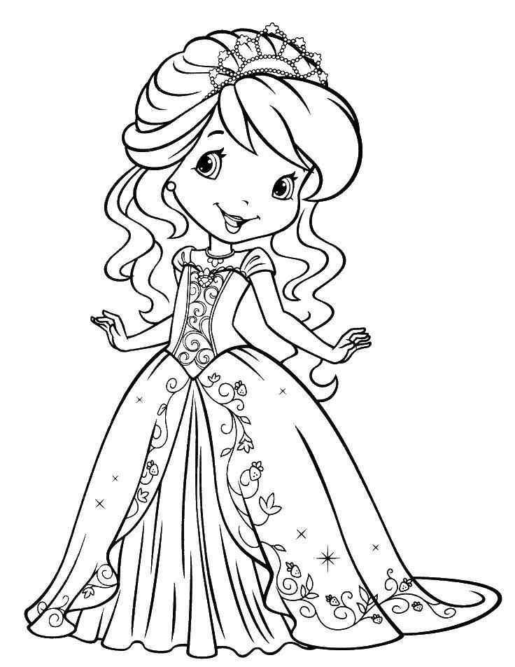 Раскраска Маленькая принцесса в красивом платье Скачать ,принцесса, сказка, девочки,.  Распечатать 