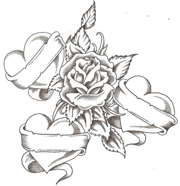 Розмальовки  Роза в серцях зі стрічками. Завантажити розмальовку Квіти, троянди.  Роздрукувати ,Квіти,