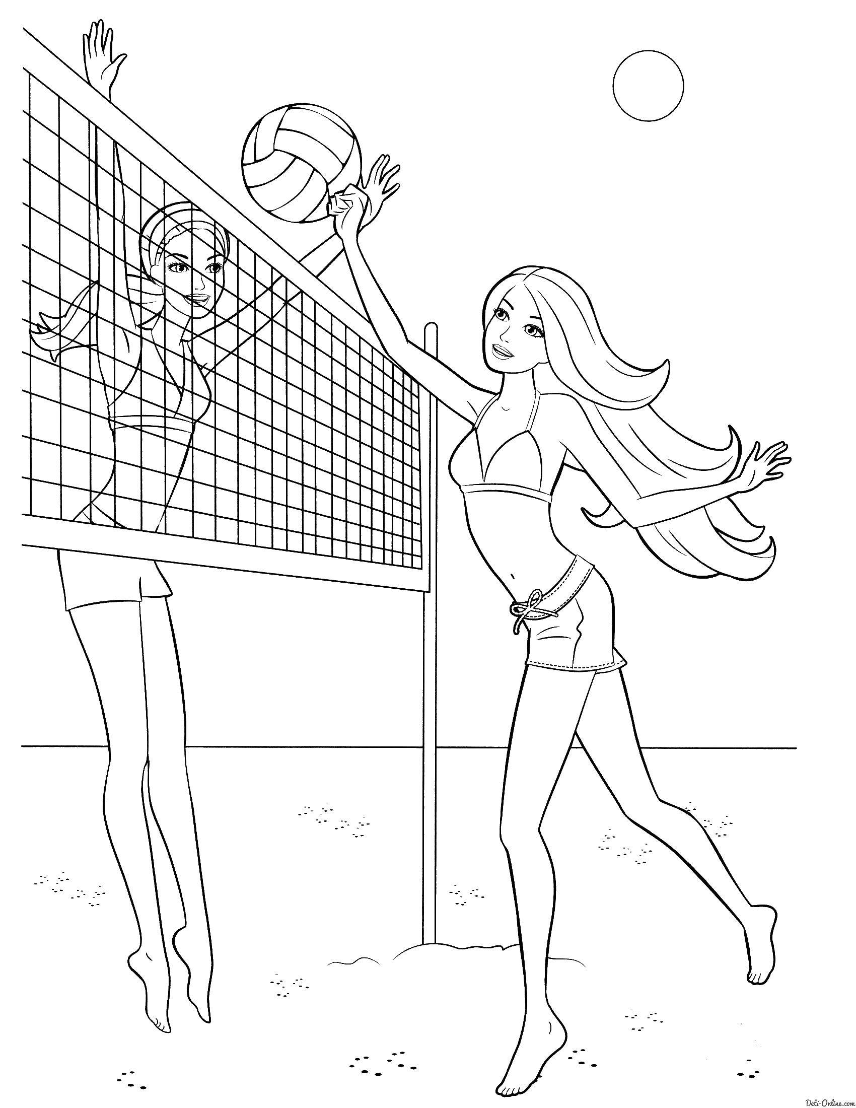 Название: Раскраска Барби играют в волейбол. Категория: Барби. Теги: барби, девочка. кукла, пляж, игра.