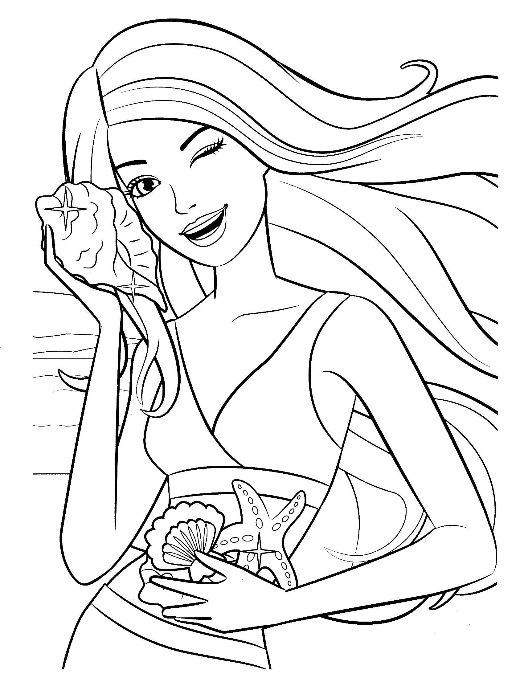 Coloring Barbie on the beach with seashells. Category Barbie . Tags:  Barbie , girl. doll.