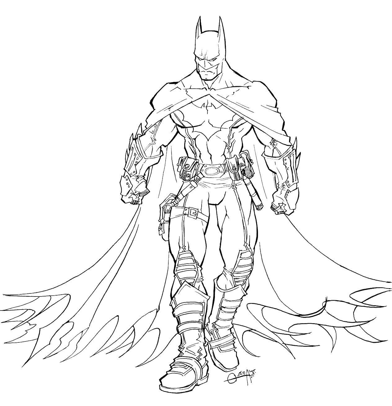 Название: Раскраска Бэтмен во все оружие. Категория: бэтмен. Теги: Бэтмен, супергерои.