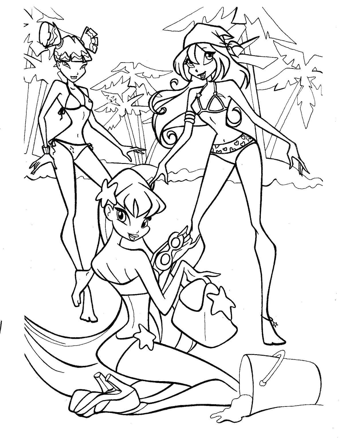 Coloring Bloom, Musa and Stella on the beach. Category Cartoon character. Tags:  Character cartoon, Winx.