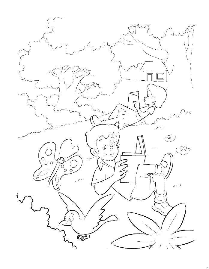 Coloring Children reading outdoors. Category the rest. Tags:  Leisure, children, books, nature.