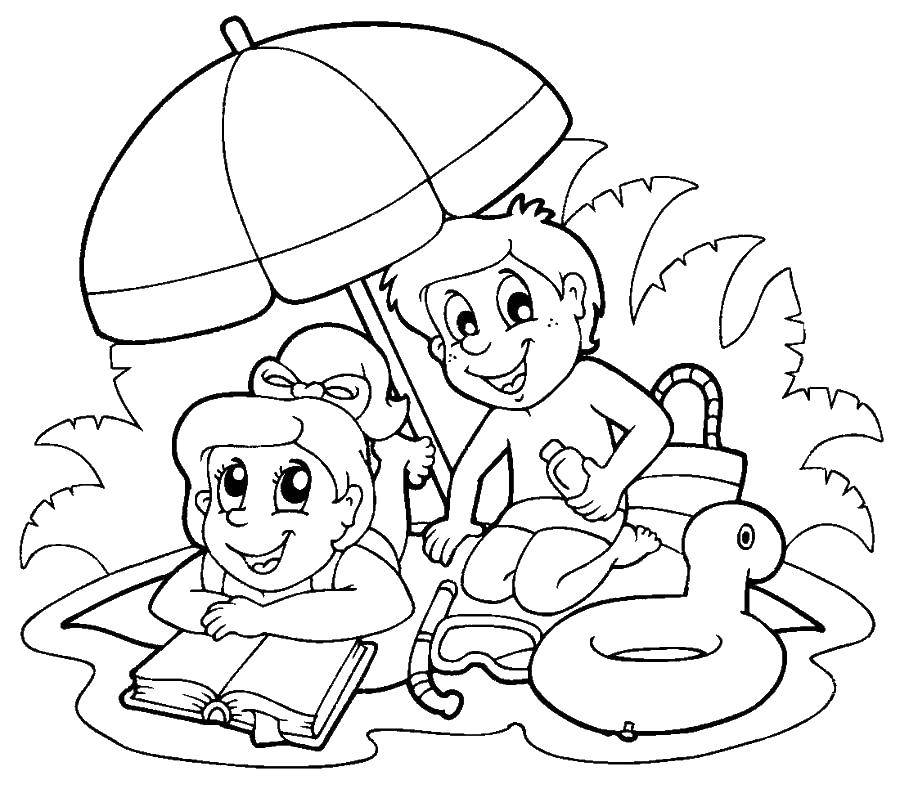 Coloring Children relax on the beach. Category Beach. Tags:  Beach, children, games, umbrella, vacation.
