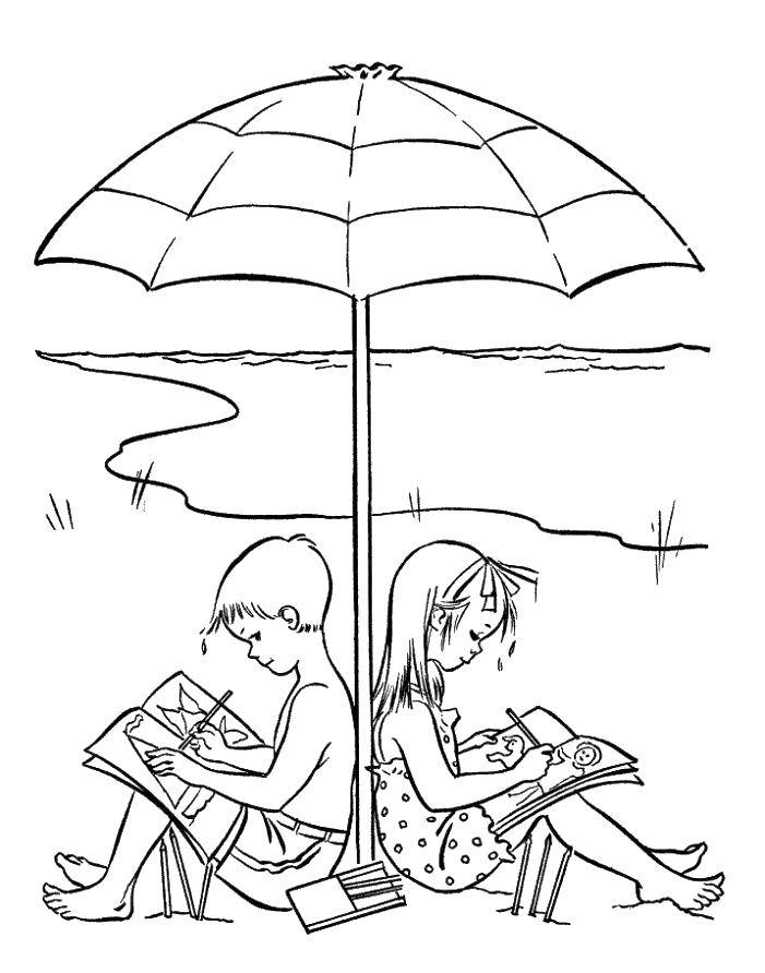 Название: Раскраска Дети рисуют на пляже под зонтом. Категория: Пляж. Теги: Пляж, дети, игры, зонт, отдых.