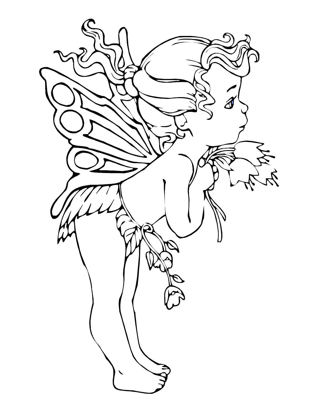 Coloring Fairy girl with flowers. Category children. Tags:  children, girl, flowers.