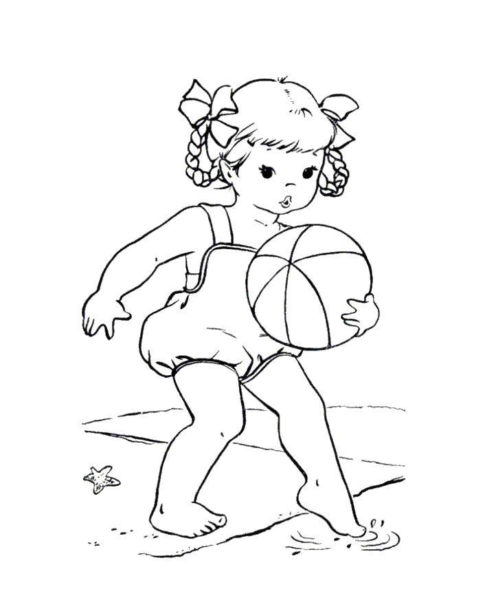 Название: Раскраска Девочка играет на пляже с мячом. Категория: Пляж. Теги: Пляж, дети, игры.