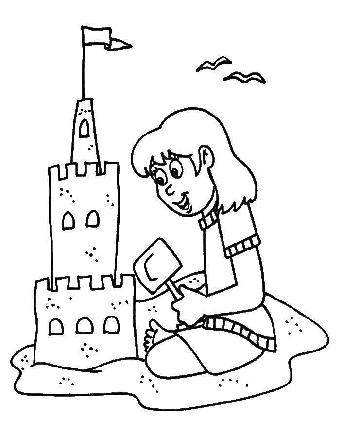 Название: Раскраска Девочка построила замок из песка. Категория: Пляж. Теги: Пляж, дети, игры, замок из песка.