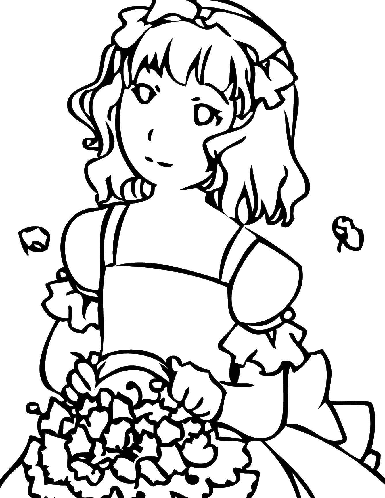Coloring Girl with basket of flowers. Category For girls. Tags:  girl, girls, flowers.