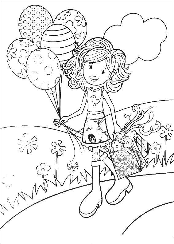 Название: Раскраска Девочка с подарками и шариками. Категория: Для девочек. Теги: девочка, подарок.