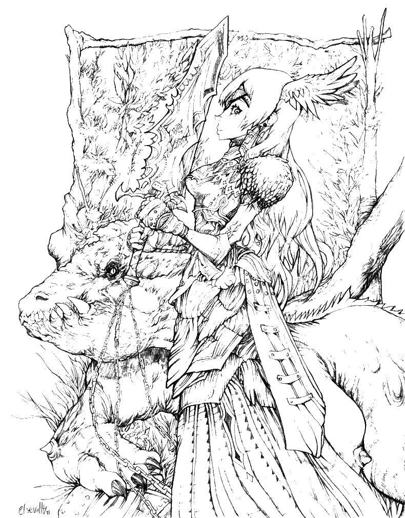 Coloring Girl elf on a dragon. Category fiction. Tags:  girl, elf, dragon.
