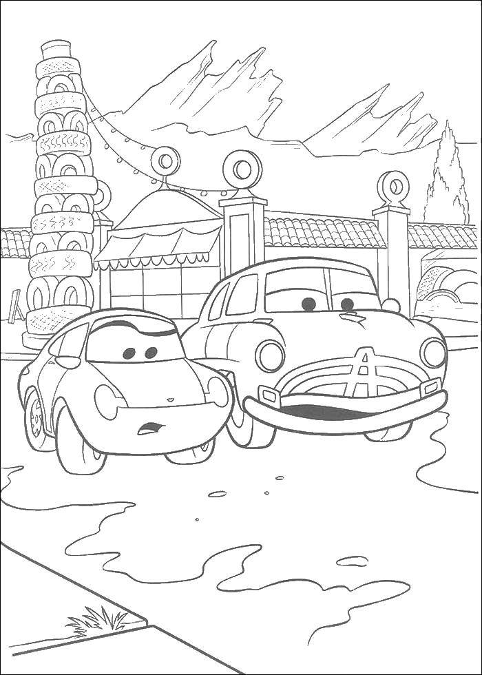 Название: Раскраска Док хадсон и салли смотрят на дорогу. Категория: Тачки. Теги: тачки, Маквин.