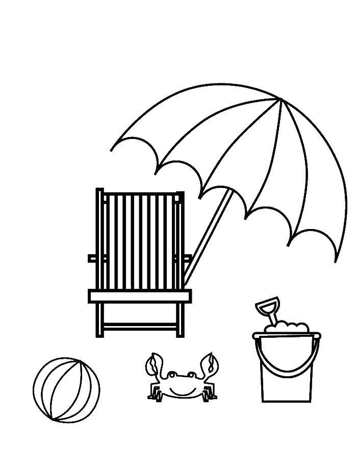 Название: Раскраска Краб около пляжных принадлежностей. Категория: Пляж. Теги: Пляж, зонт, отдых, ведерко, мяч, краб.