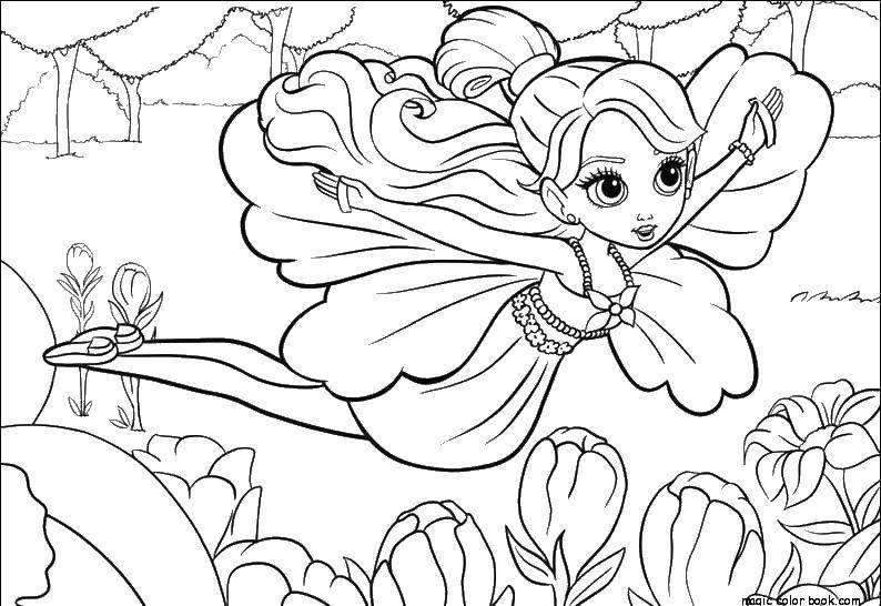 Название: Раскраска Летящая фея. Категория: Для девочек. Теги: Фея, лес, сказка.