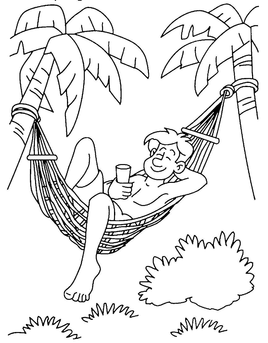 Название: Раскраска Отдых на гамаке среди пальм. Категория: отдых. Теги: Отдых, гамак, пальмы.