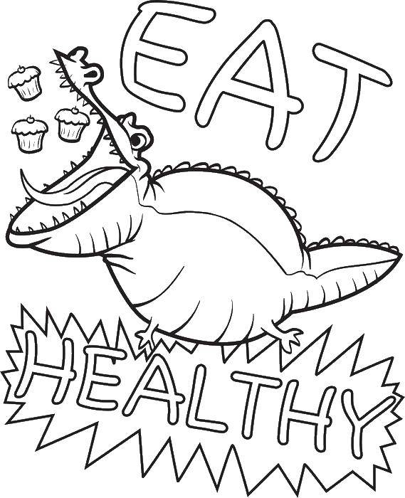 Название: Раскраска Питайся правильно. Категория: еда. Теги: динозавр, еда, питание.