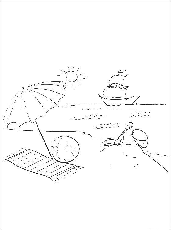 Название: Раскраска Пляж, море, зонтик, вода, корабль. Категория: Пляж. Теги: пляж, море, песок, зонт, корабль.