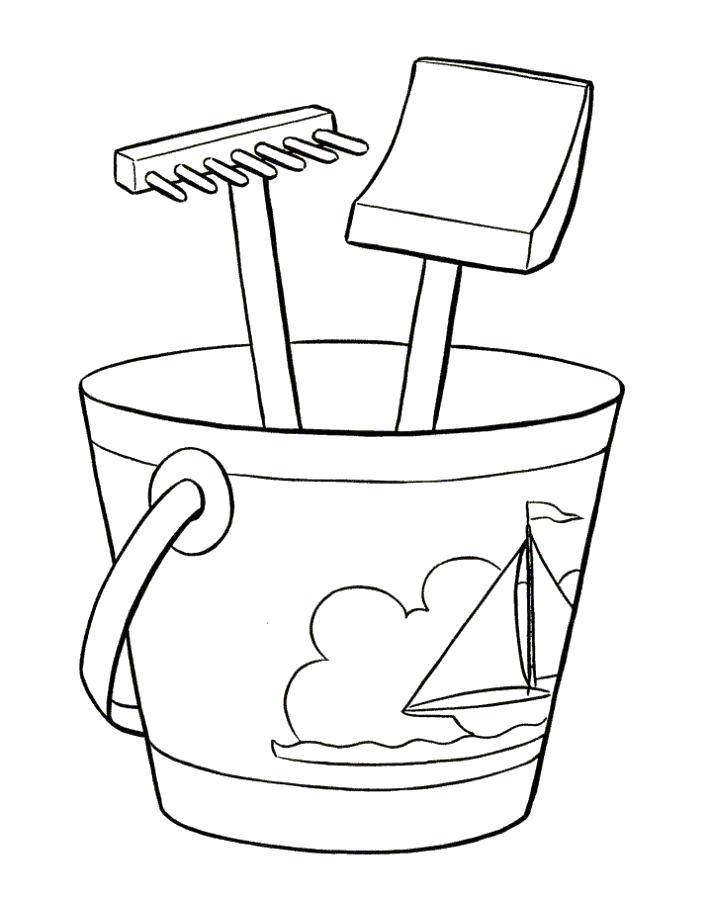 Coloring Beach bucket with spade and rake. Category Beach. Tags:  Beach, bucket, outdoor.