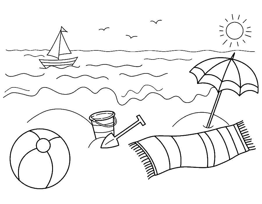 Название: Раскраска Пляжные пренадлежности на песке. Категория: Пляж. Теги: Пляж, зонт, море, солнце, кораблик, полотенце, мяч.