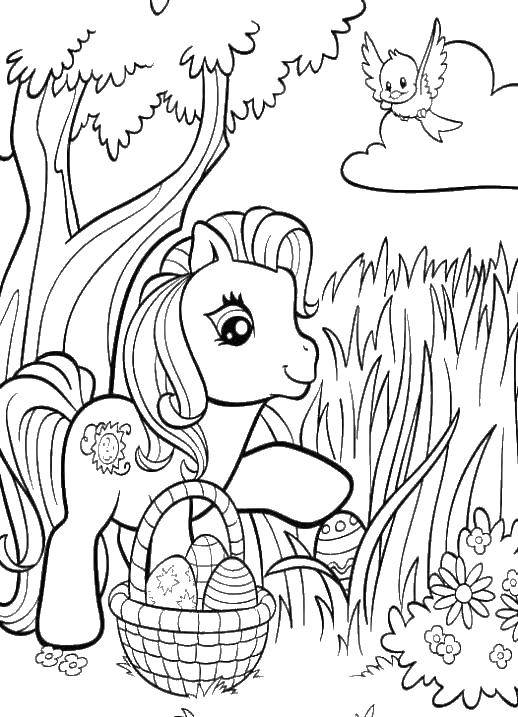 Coloring Pony looking for Easter eggs. Category For girls. Tags:  ponies, eggs.