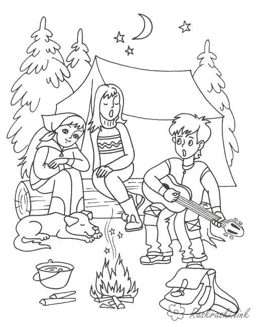 Coloring The children sing songs around the campfire in the campaign. Category the rest. Tags:  Leisure, hike, bonfire, singing, guitar, forest, night.