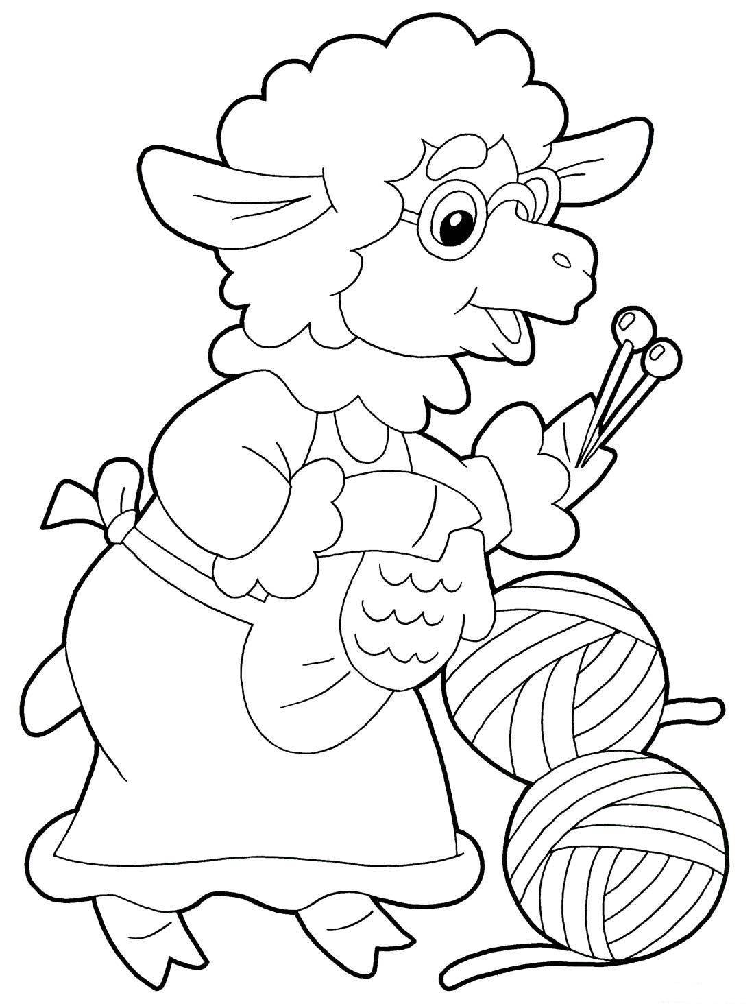 Название: Раскраска Рисунок бабушки барашки со спицами. Категория: домашние животные. Теги: баран.