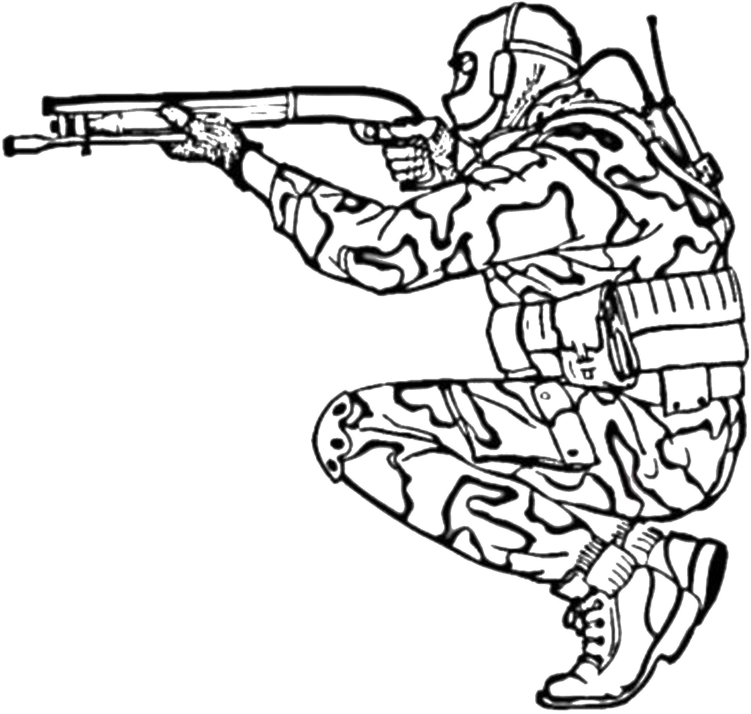 Название: Раскраска Снайпер целится. Категория: Для мальчиков. Теги: Солдат, оружие, стрельба.