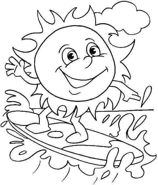 Название: Раскраска Солнце на доске для серфинга. Категория: Лето. Теги: солнце, вода, доска.
