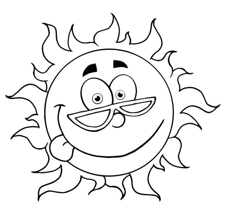 Название: Раскраска Солнышко в очках. Категория: Лето. Теги: Солнце, лучи, радость.