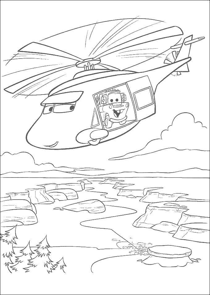 Название: Раскраска Вертолет и машина из тачек. Категория: Машины. Теги: машины, мультфильмы, Тачки, вертолет.