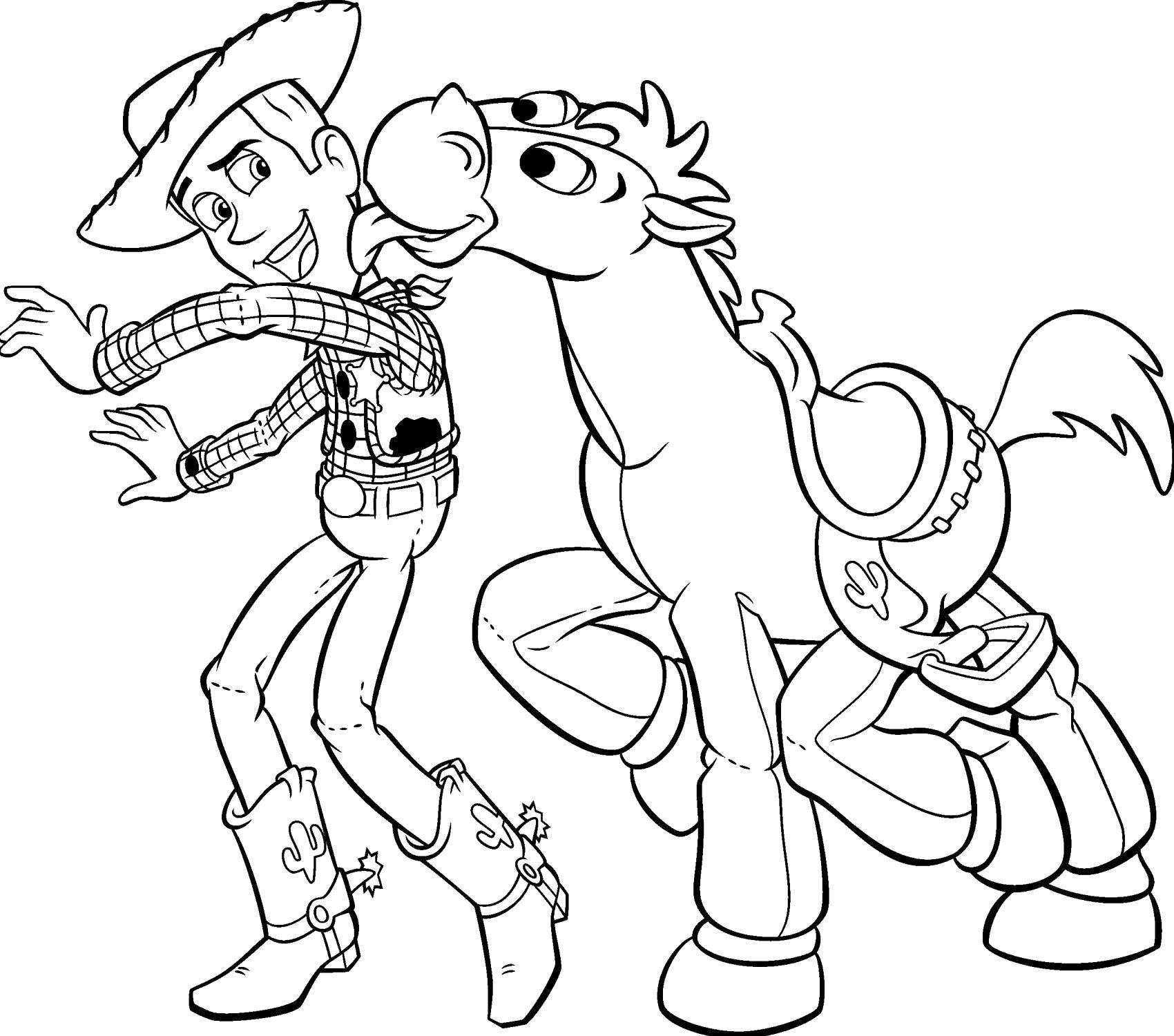 Название: Раскраска Вуди со своим конём. Категория: Для мальчиков. Теги: Персонаж из мультфильма.
