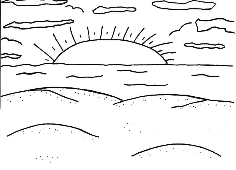 Название: Раскраска Закат на пляже. Категория: Пляж. Теги: Пляж, зонт, море, закат.