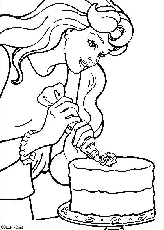 Розмальовки  Барбі робить тортик. Завантажити розмальовку Торт, їжа, свято.  Роздрукувати ,Готуємо їжу,