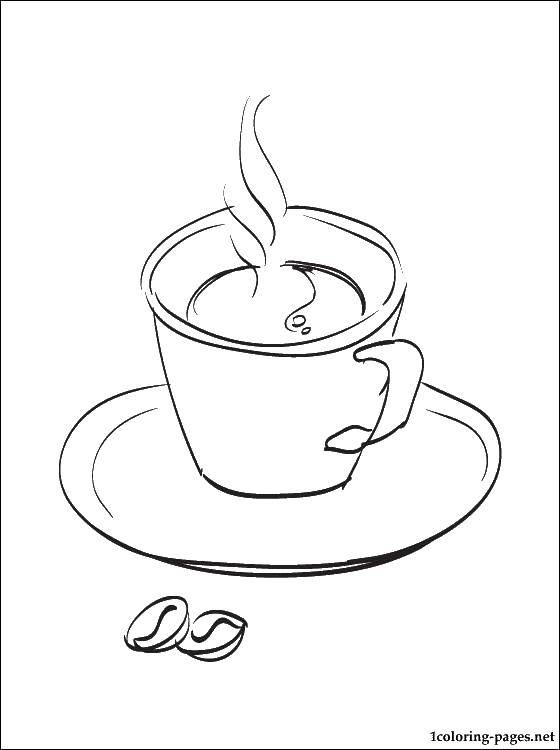 Розмальовки  Кава. Завантажити розмальовку чашка кави, зерна.  Роздрукувати ,Посуд,