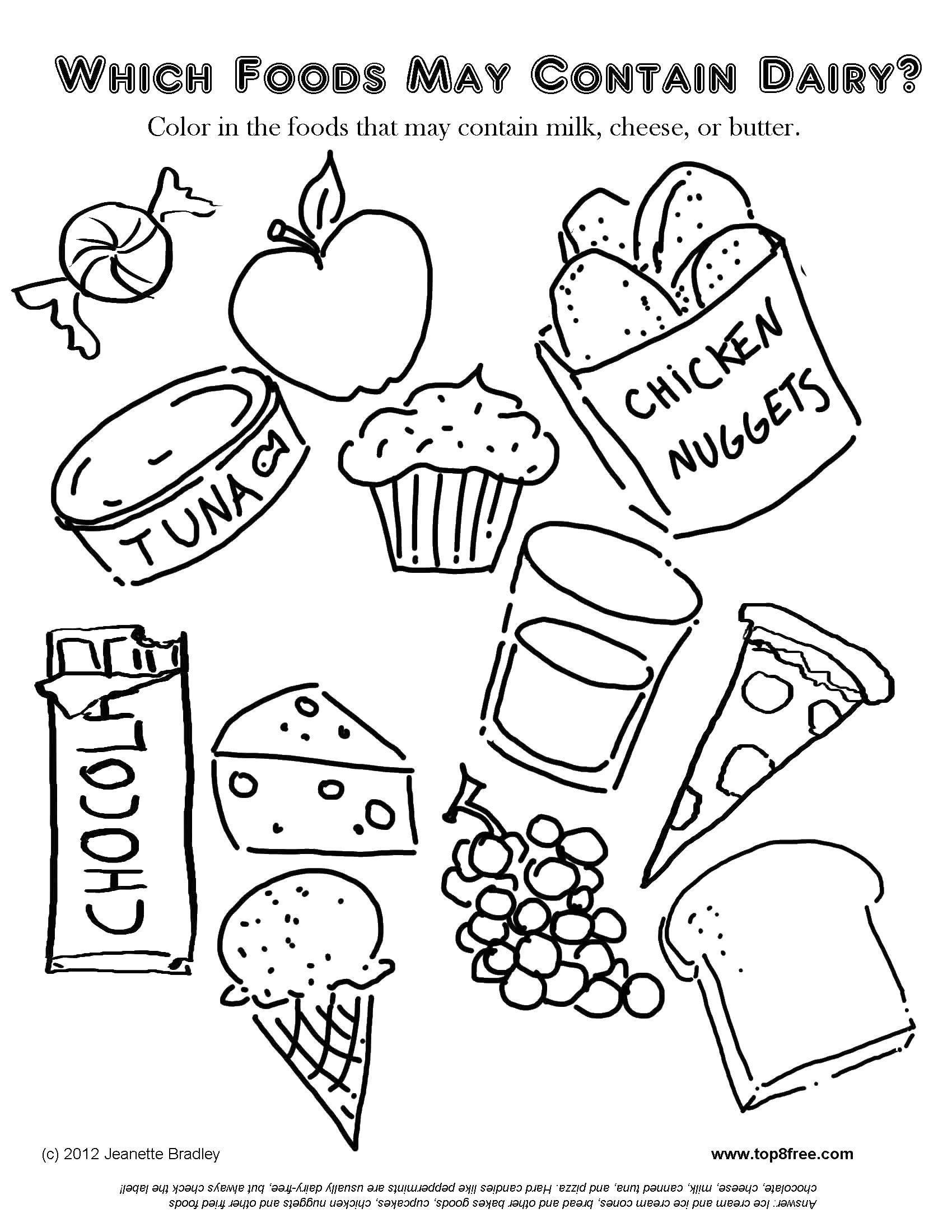 Опис: розмальовки  Розфарбуй продукти в яких є молоко, сир або масло. Категорія: їжа. Теги:  їжа, на мислення.