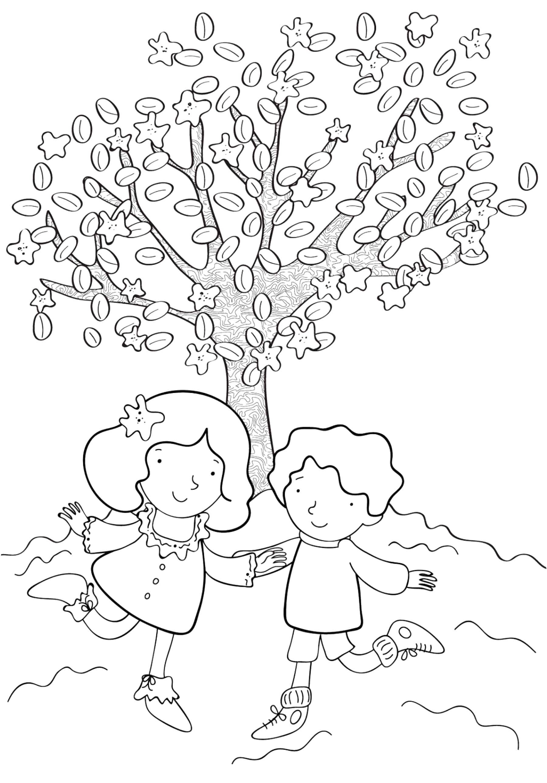 Название: Раскраска Дети гуляют пол деревом. Категория: отдых. Теги: Дети, игры, отдых, природа.