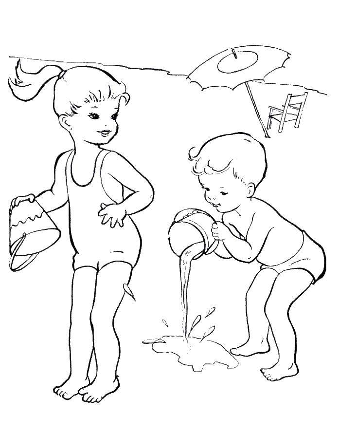 Название: Раскраска Дети на пляже. Категория: Пляж. Теги: пляж, море, песок, зонт, дети.