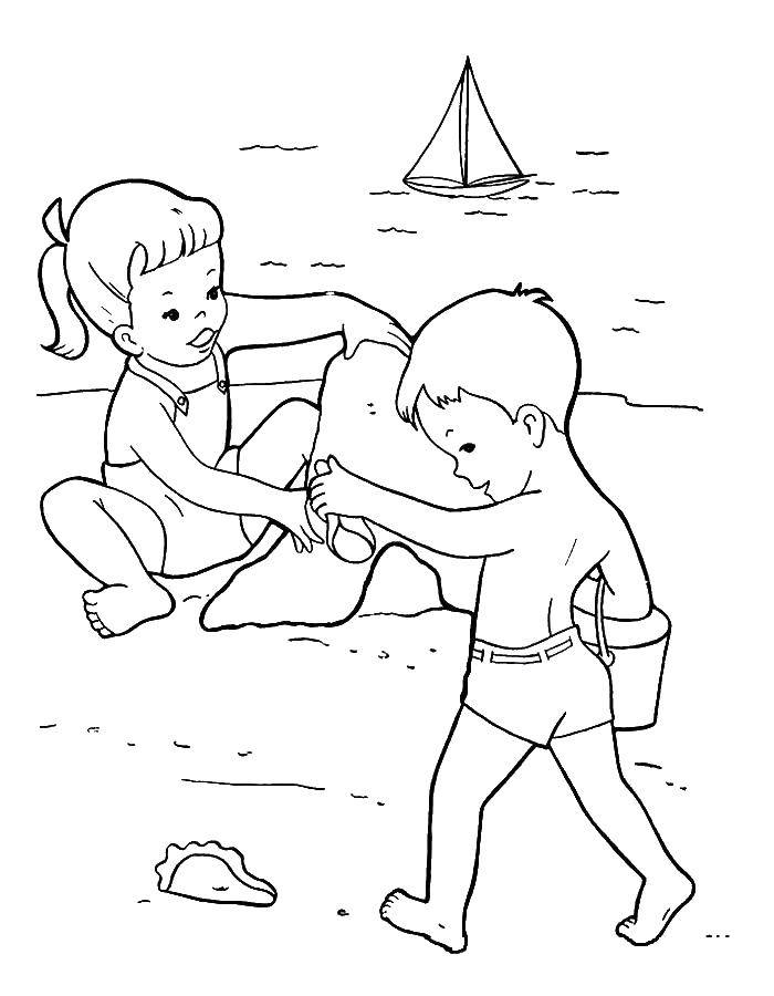 Название: Раскраска Дети на пляже. Категория: Пляж. Теги: отдых, дети, море, вода, пляж, кораблик.