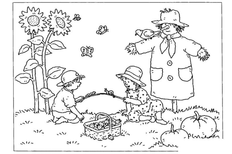 Название: Раскраска Дети собирают урожай рядом с огородным пугалом. Категория: отдых. Теги: Дети, игры, отдых, природа, огород.