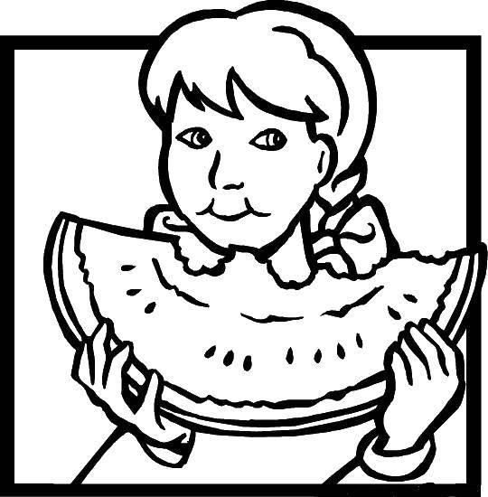 Название: Раскраска Девочка ест арбуз. Категория: отдых. Теги: отдых, еда, арбуз, девочка.