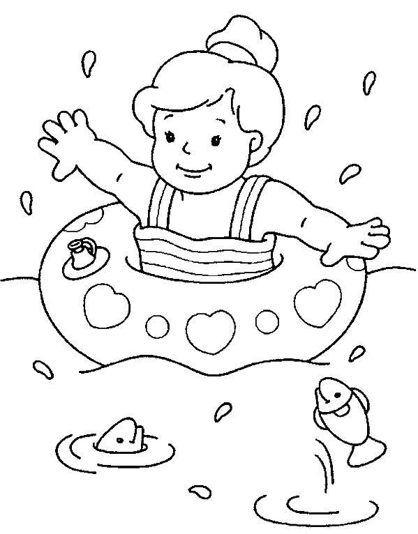 Название: Раскраска Девочка и надувной круг. Категория: Лето. Теги: девочка, круг, вода, рыба.