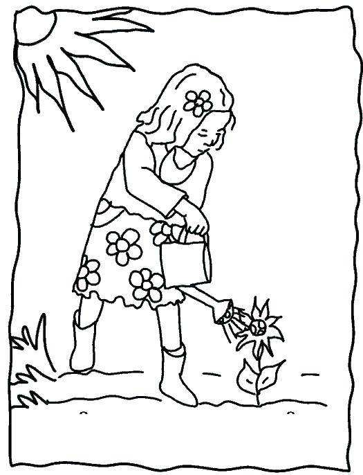 Название: Раскраска Девочка поливает цветы. Категория: дети. Теги: девочка, цветы, огород, лето.
