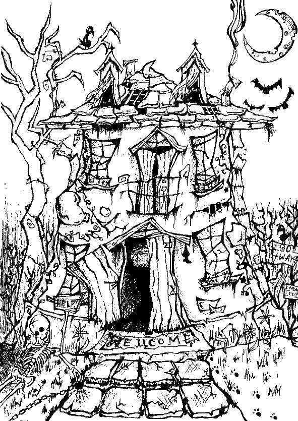 Название: Раскраска Дом с приведениями. Категория: Хэллоуин. Теги: дом, скелет, луна, паутина.