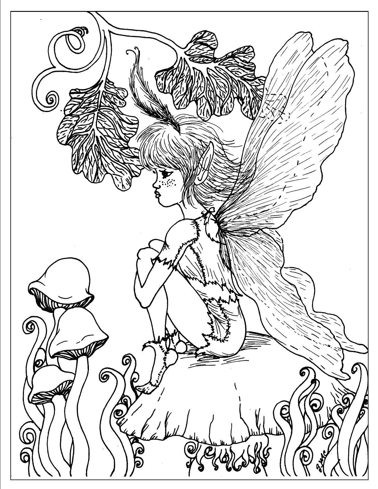 Название: Раскраска Фея и грибы. Категория: фантастика. Теги: фея, цветы, крылья.
