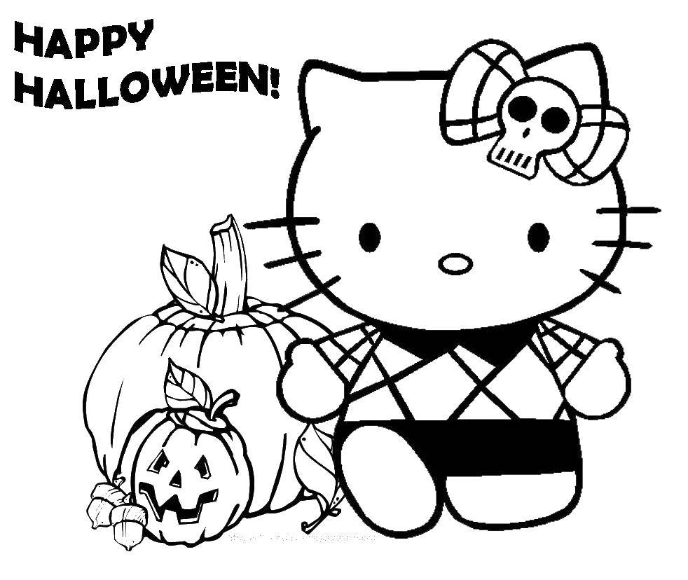 Название: Раскраска Hello kitty и хэллоуин. Категория: Хэллоуин. Теги: Hello Kitty, тыква, череп, хэллоуин.