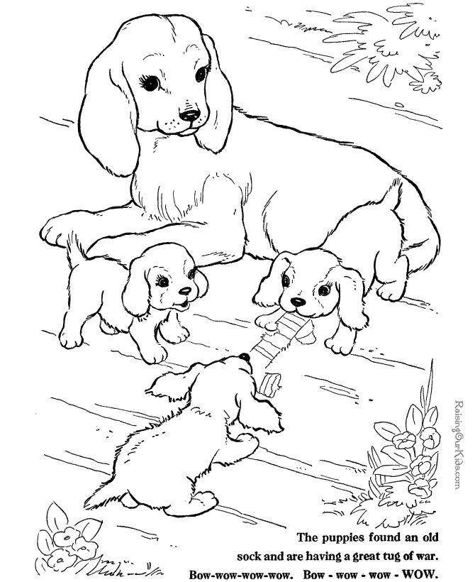 Название: Раскраска Игры щенят возле мамы. Категория: детеныши животных. Теги: Животные, собака.