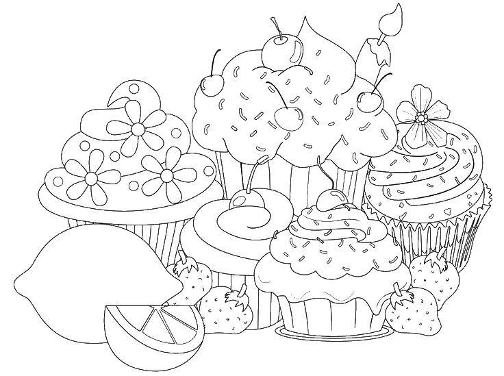 Coloring Cupcakes with lemon and strawberries. Category sweets. Tags:  cupcakes, lemon, strawberry, cherry.