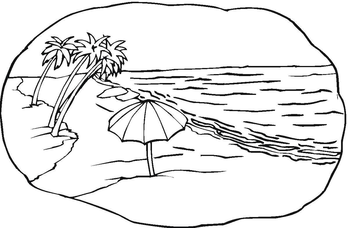 Название: Раскраска Красивый пляж. Категория: Летний пляж. Теги: пляж, песок, пальмы, море.