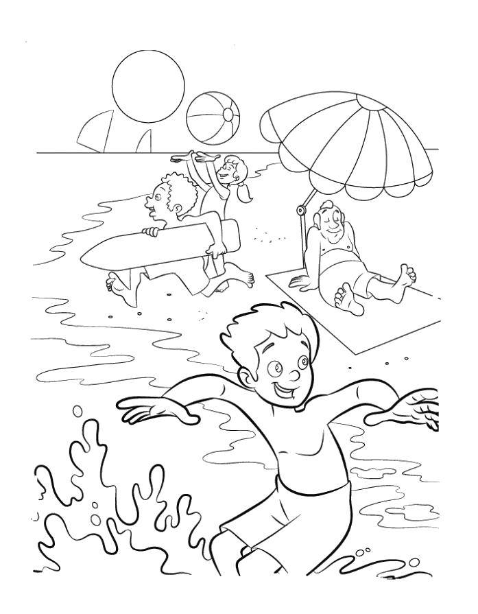 Название: Раскраска Люди отдыхают на пляже. Категория: Пляж. Теги: Пляж, дети, игры, зонт, отдых, веселье.