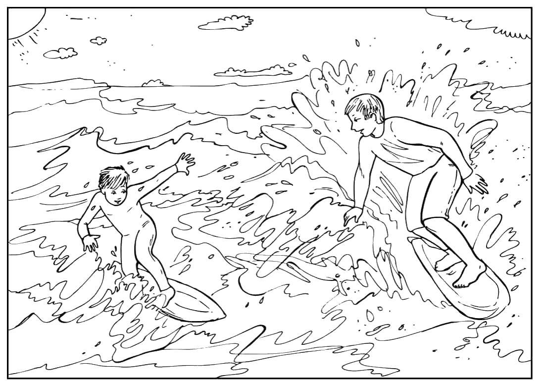Название: Раскраска Мальчики катаются на серфинге по волнам. Категория: отдых. Теги: Отдых, дети, вода, веселье.